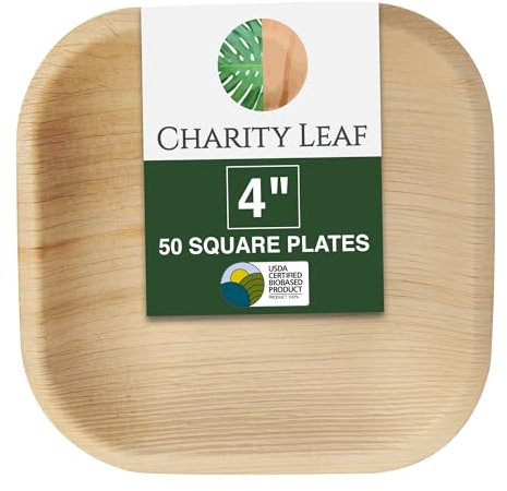 Charity Leaf - Platos desechables de hoja de palma como juego de platos cuadrados de bambú| bodas, tablas de embutidos, barbacoas y fiestas | Platos Cuadrados (50, 4 Cuadrados)