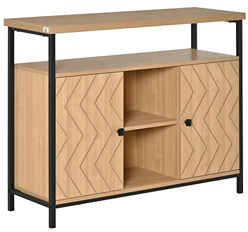 HOMCOM Meuble de Rangement Buffet Style Graphique 2 placards Porte avec étagère 2 niches étagère Grand Plateau métal Noir MDF Aspect chêne Clair