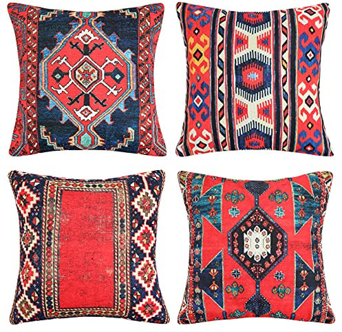 DakTou 4er Set Dekorative Kissenbezüge Türkischer Stammes-Kissenbezug 20 x 20 Zoll Quadratische Kissenhülle Baumwolle Leinen Kelim Teppiche Muster 50 x 50 cm für Outdoor Gartenmöbel Wohnkultur Red-02