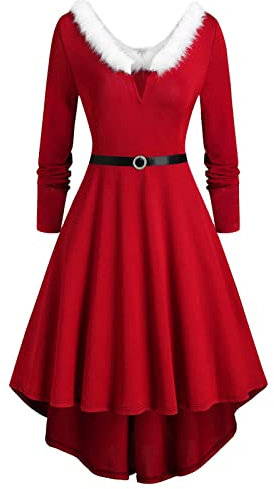 KOG Vintage Weihnachtskleid für Damen Langarm Weihnachtskleid Damen Elegant Weihnachts Kleidung Festkleider für Damen Partykleid Damen Weihnachtskleidung Meine Bestellungen Anzeigen Rot XL