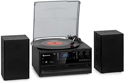 Auna Giradischi Bluetooth per Dischi in Vinile, Lettore Vinile a 3 Velocità di Riproduzione, Giradischi Vinili Vintage con Casse Stereo, AUX, Gira Dischi per Vinile con Jack per Cuffie e Lettore CD