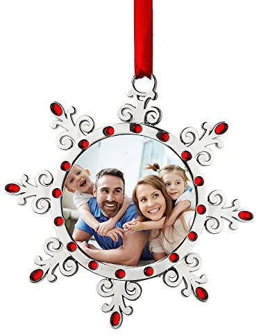 Joiedomi Weihnachtsfoto-Ornament, Schneeflocken-Baumdekoration, Fotorahmen, Familienornamente mit roten Edelsteinen für Weihnachtsdekorationen, Hauseinweihungen