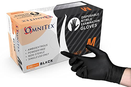 Omnitex Box 200 Premium Disposable Black Nitrile Gloves | Powder Free | Latex Free | Ambidextrous | Food Safe | EN455 EN374 EN420 | CE & UKCA Cat3 grade (XL)