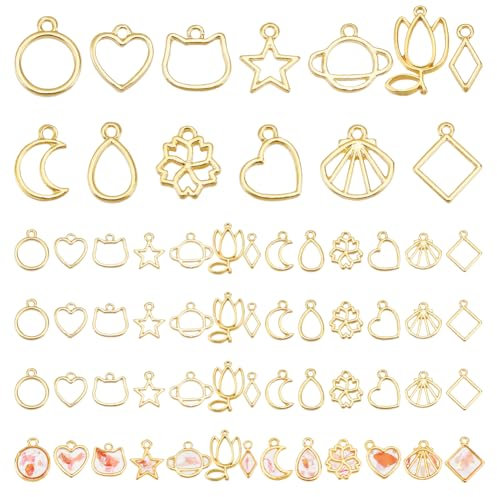 PandaHall 13 Stil Offene Lünette Verbindet Charms 52 stücke Legierung Blume Herz Lünette Anhänger Shell Mond Harz Handwerk Hohlrahmen Stecker Für DIY UV Harz Epoxidharz Ohrring Halskette Schmuck