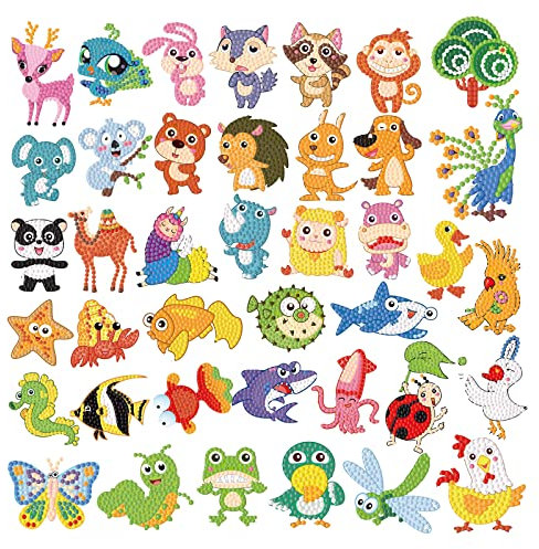CAYUDEN Diamond Painting Aufkleber, 40pcs 5D Diamant Painting Bilder Kinder DIY Diamond Painting Kinder Mädchen Tiere Diamant Malerei Aufkleber Kit für Mitgebsel Kindergeburtstag Gastgeschenk
