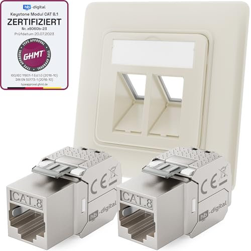 hb-digital 2-Port CAT 8 Netzwerkdose unterputz RAL9010 + 2X GHMT zertifiziertes CAT 8 Keystone RJ45 Modul LAN Ethernet Keystone Dose Buchse Einbaubuchse max. 40 Gbit/s STP - Reinweiß