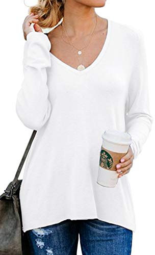 PrinStory Womens Jumpers Long Sleeve Tops Ladies Lightweight Jumpers Basic T-Shirt Split Blouse with Side Zipper UK Size 14-16 (White, L)