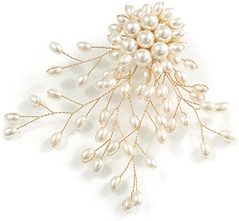 Avalaya Grande broche asymétrique en fausses perles blanches, ton or, 90 mm de diamètre, faite à la main, taille unique, Perles synthétiques, pierres précieuses, argent