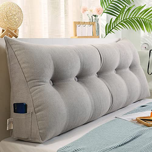 Raktov Dreieckiges Kopfteilkissen mit abnehmbarem Bezug, Polster mit Holzrücken, dreieckiges Lesekissen, einfarbiges Keil-Kopfteilkissen für Bett, Sofa, Schlafzimmer, 150 x 50 x 20 cm, Grau