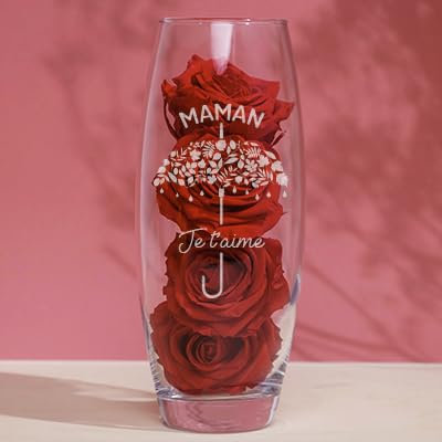 CADEAUX.COM - Vase en Verre Transparent Personnalisable 26cm à Fond Epais + 4 Roses Rouge Éternelles - Je t'aime - Idée Cadeau Personnalisé Gravure avec Prénom + Message - Cadeau Saint-Valentin