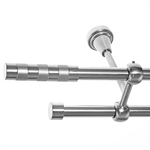 BASIT Gardinenstange Edelstahllook 16mm 2-läufig Decke 320cm lang D24 | Gardinenstangenset doppelläufig Deckenmontage Metall Vorhangstange Deckenhalterung 120-600cm wählbar Kappe Zylinder E12