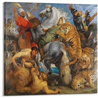 JAHER Peter Paul Rubens Gemälde – (Eine Jagd von Löwen, Tigern und Leoparden, 1615) Poster Wandkunst Bild Gemälde Leinwand Drucke Kunstwerke Schlafzimmer Wohnzimmer Dekor 70 x 70 cm