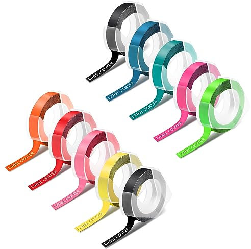 10 x Omega Junior Tape 9mm x 3m Kompatibel mit Dymo Omega Labeller, Kompatibel mit Refill Dymo 3D Marking Tape Markierungsband, Orange, Rot, Gelb, Schwarz, See Blau, See Grün, Rosa, Grün