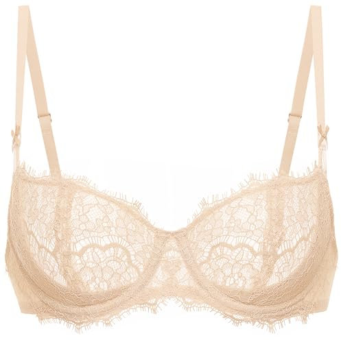 DOBREVA Women's Balconette Push Up Bra Sexy Lace Underwire Plus Size See Through Bras Beige 38D