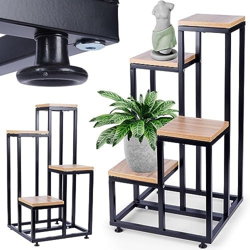 Vilde 4-stöckiger Pflanzenständer - Pflanzenregal Indoor für Töpfe/Dekorationen - Robuster Blumenständer Metall Schwarz im Industrial-Loft-Stil - 34x34x69cm - Maximale Tragkraft 50kg