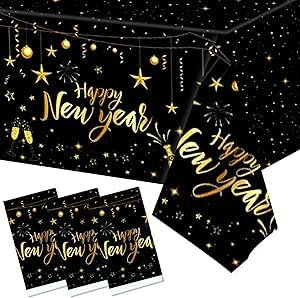Neujahrsdekorationen 2026 – 3 Stück Happy New Year Tischdecken, Schwarz und Gold Kunststoff-Tischdecken Rechteckige Tischdecke für Silvester Partyzubehör Neujahrsparty-Dekoration 2026