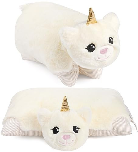 BRUBAKER Kuscheltier-Kissen Einhorn - 2 in 1 Plüschtier und Kuschelkissen - 40 x 30 cm Kuscheleinhorn - aufklappbares Kinder Plüschkissen mit Klettverschluss - Einhornkissen Stofftier - Weiß