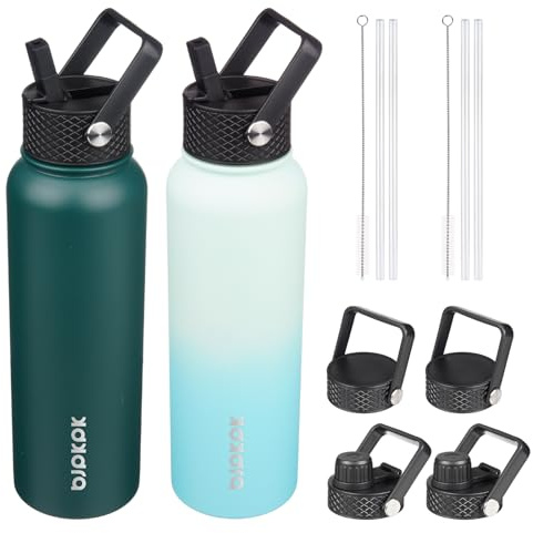 BJPKPK 2 Pack Insulated Water Bottles with Straw Lids, 40ozStainless Steel Metal Water Bottle with 6 Lids, Leak Proof BPA Free Thermos, Cups, Flasks for Travel, Sports (Army Green+Mint)