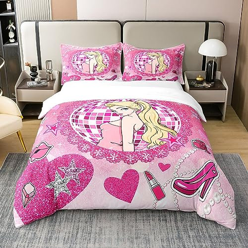 richhome 100% Baumwolle Glitzer Rosa Bettbezug 155x220 Größe für Teens Jugend, Träumende Rosa Herzen Lippenstift High Heels Tröster Bezug, Girly Pearl Spitze Bogen Pailletten Die Saison Bettwäsche