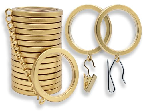BlastHome® Luxury Curtain Rings – Premium Metal with Quiet, Smooth, Removable Nylon Inserts – Pinhooks and Clips Included – 1 1/2 Inside Diameter – 18 Rings for Two Standard Curtains – Brushed Gold