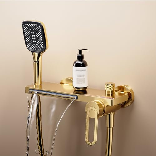 XJTNLB Wannenarmatur Wasserfall Bad Armaturen Badewanne Mischbatterie Wandmontage Badewannenarmatur mit 3 Modi Handbrause Gold