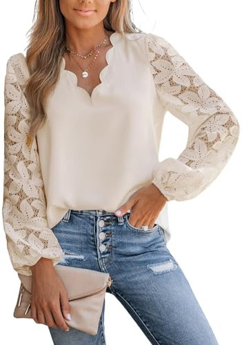 CUPSHE Damen Blusen V-Ausschnitt Wellenkante Floral Spitzenärmel Langarmshirt Lässige Spitzen Oberteile Tunika Bluse Tops Aprikose XS