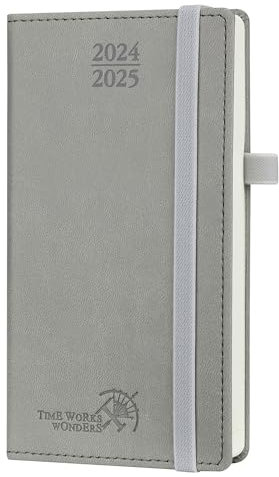 POPRUN Taschenkalender 2025 Klein 16,5 x 9 cm (Aug.2024-Dez.2025) - Kalender 2025 Klein mit PU-Leder - Terminplaner, Planer 1 Woche 2 Seite mit Stiftschlaufe - Grau