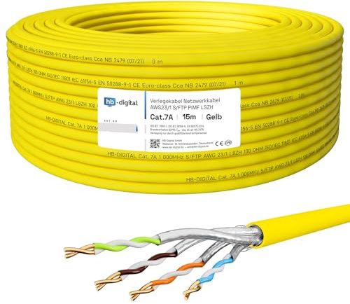 HB-DIGITAL 15m CAT.7a Netzwerkkabel LAN Kabel Verlegekabel AWG 23 Reines Kupfer S/FTP PiMF LSZH Halogenfrei RoHS-Compliant Ethernet Installationskabel Datenkabel PoE 10Gbit/s max. 1200MHz Gelb