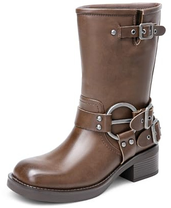 DREAM PAIRS Pull On Comfy Mid Calf Boots for Women, Square Toe Waterproof Motorcycle Biker Boots with Buckles, Fashion Women's Combat Boots with Low Chunky Heel SDMB2405W,Size 5.5,Tan,SDMB2405W