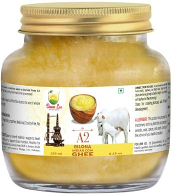 Ghee Bilona A2 - Hecho por cuajada - Proceso de Churning - Trigo de Lechuga - Propiedades curativas naturales - Promueve huesos fuertes - Músculos - Ayuda a la digestión - Ghee natural - 250 ml