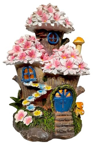 TIN DREAMS FACTORY | Casa del Árbol de Flores Encantadas - con Luz Solar Recargable – Figura de Fantasía para Exterior, Jardín, Patio, Terraza – Adorno Mágico con Iluminación LED Automática