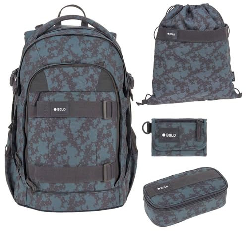 Lässig Bold Origin Schulrucksack-Set 4tlg mit Schlamperbox, Turnbeutel und Geldbeutel (Sports Blue)