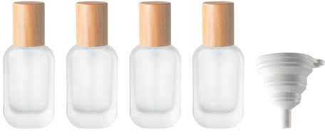 4 Pcs Flacon Pompe sans Air, 30ML Distributeurs à Pompe en Verre, Airless Contenant Cosmétique Vide, Pots de Crème Sous Vide, Flacons à Pompe de Lotion Crème avec Couvercle en Bois, avec Entonnoir