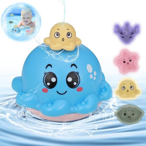 JIZZU Badespielzeug Baby Wasserspielzeug ab 1 2 3 Jahr, LED Oktopus Badewanne Spielzeug Automatischer Wasserstrahl Pool Spielzeug mit 4 Ersatzdüsen für Baby Kinder Kleinkind (ab 6 Monate)