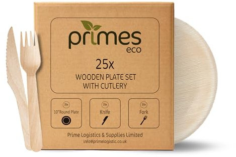 PRIMES ECO 10 Inch - 25pcs Disposable Palm Leaf Plates and Wooden Cutlery Set, 25x Large Round Plates, 25x Forks, 25x Knives, Eco Friendly Biodegradable, Office Home Party Plates 1 Box(25PCS)