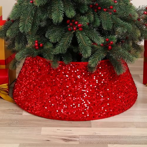 Proumhang Collare dell'albero di Natale Gonna dell'albero di Natale Copertura Della Base dell'albero con Glitter Anello dell'albero di Natale Decorazione per Feste in Casa Rosso M(55 * 72 * 25cm)