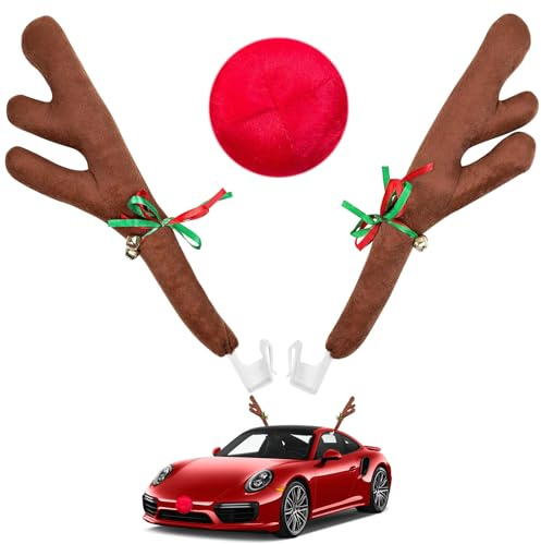 DHFUCNKO Rentier Auto, Auto Deko Weihnachten, Auto Rentier Kostüm Geweih Deko für Auto, Auto Rentiergeweih Rudolf mit Der Roten Nase, Weihnachtsschmuck Auto