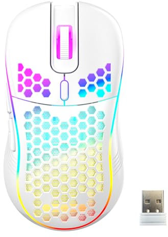 LIWEARE Kabellose Gaming Maus, Wiederaufladbare Computermaus Ergonomische Maus Honeycomb Design mit RGB-Hintergrundbeleuchtung, USB-Empfänger, einstellbare DPI, für PC/Mac/Laptop (Weiß)