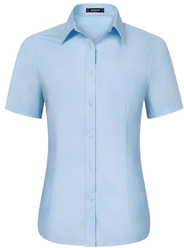 Stamain Blue Short Sleeve Shirts for Women Slim Business Ladies Formal Blouses Button Up Dress Shirt Women Summer L