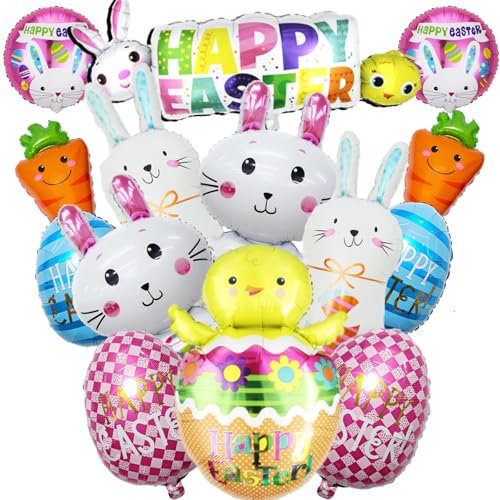 GOGOLAN 12 Stück Osterballons Set, 7 Muster Ei Küken Hase Karotte große Folienballons für Osterfest Dekoration