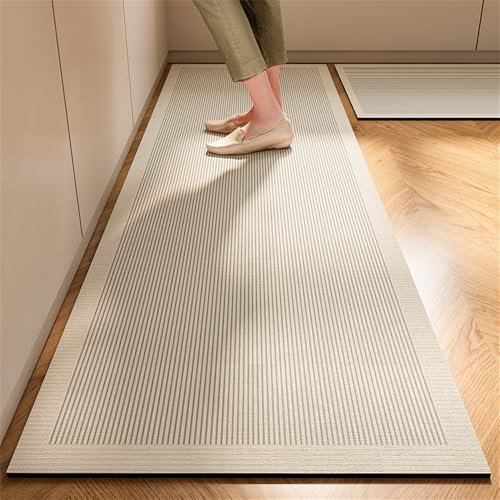 Highdi Linienmuster Küchenläufer, Saugfähig Läufer Flu Teppich Küche Flur Teppich Läufer, Waschbar Teppich Küche, rutschfest Küchenteppich,für Eingangsbereich Esszimmer (Beige,60x180cm)