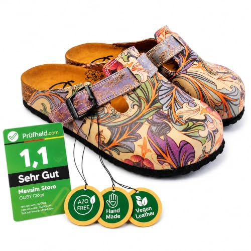 GOBY Clogs Hausschuhe Damen | Handgefertigte Premium Clogs mit Buntem Print – Bequeme & leichte Pantoletten Damen aus hochwertigem Imitationsleder mit Eva-Sohle [ Test SEHR GUT, Note 1.1 *]