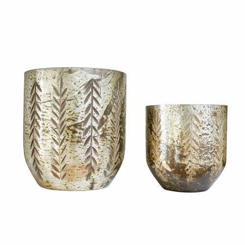 Loberon Windlicht 2er Set Filorex, Zwei Größen, Handgeschliffene Muster, Mundgeblasen, Charmantes Antik-Finish, Kerzenhalter, Dekoration, Glas, Silber