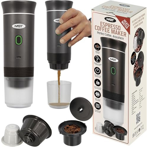 Portable Espresso Coffee Maker – Self-Heating, USB-C Rechargeable, Works with Capsules & Ground Coffee – Includes Travel Mug – Perfect for Office, Camping, Fishing & Outdoors (Grey)