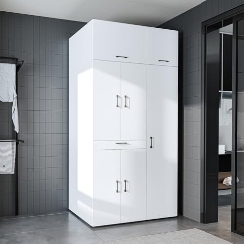 ROOMART Dora - Armario de lavadora y secadora, con puertas y panel deslizante, 4 colores (color blanco, roble blanco, roble antracita y roble) Blanco, 230 cm de alto