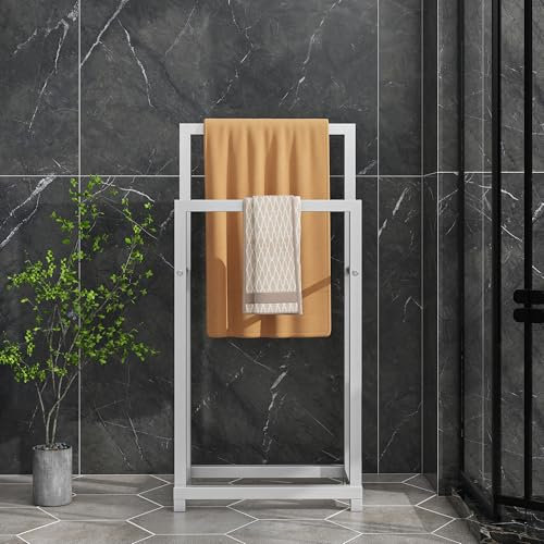 HAHRIR Metal 2-Tier Stainless Steel Towel Rail, Freestanding Towel Rail for Bathroom Accessories Organiser, for Bathroom Storage, Towels, Washcloths and Ceiling Rack, Silver White