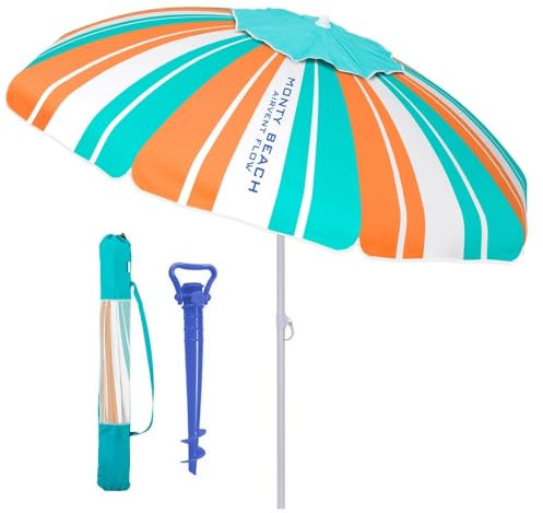 LOLAhome Sombrilla playa 200 cm y soporte arena, protección UV+50, sombrilla antiviento, varillas flexibles fibra vidrio, techo ventilación, mástil inclinable y regulable altura, bolsa transporte