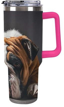 FHESDCW A Sad Bulldog Tumbler with Handle And Straw 40 Oz Leak Proof Large Capacity Car Cup Cupholder Friendly Stainless Steel Travel Coffee Mug Keep Cold Or Hot Light Rose Red-style