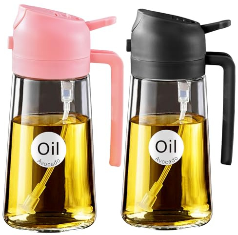 YARRAMATE Spruzzino Olio 2 in 1 per Friggitrice Aria 470 ml | Dosatore bottiglia e oliera spray da cucina, nebulizzatore per alimenti, accessori spruzzatore, rosa e nero