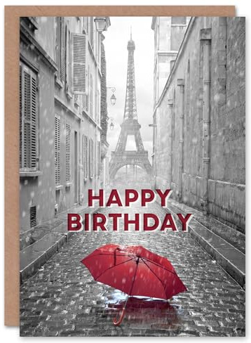 Artery8 Happy Birthday Paris Eiffel Tower and Red Umbrella Birthday Card